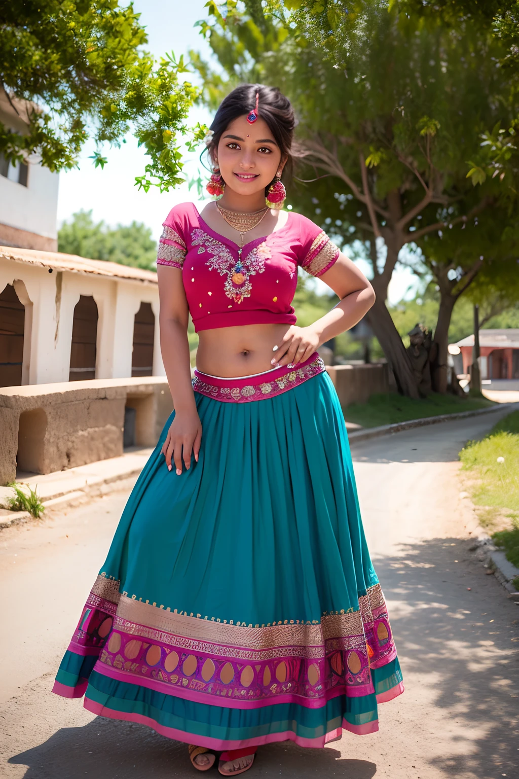 A modern, youthful twist on the divine siblings, Lakshmi and Kubera, with Lakshmi, the Indian goddess of wealth and prosperity, adopting a trendy school girl look. She's dressed in a vibrant crop top that exposes her toned midriff, adorned with intricate gold detailing reminiscent of her traditional attire. Her lower half is covered by a matching mini skirt, with thigh-high socks that feature playful motifs of coins and lotus flowers—symbols of her divine essence. On her feet are a pair of stylish yet comfortable school shoes, suitable for a day of learning and adventure. Lakshmi's signature jewelry, including her gold necklace and earrings, sparkle as they catch the light, hinting at her heavenly origin.
