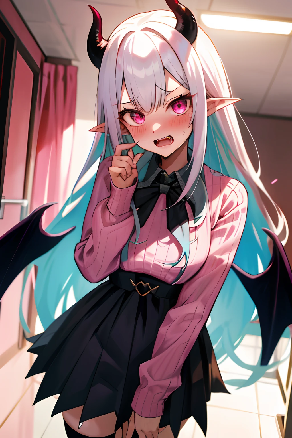 One girl with long hair, white hair, looking at viewer, embarrassed, blushing, indoor, open mouth, fangs, checkered pink sweater, black bow tie, black hight waist skirt ,thigh, pointy ears, demon wings, demon king, demon horn, perfect waist, gyaru style