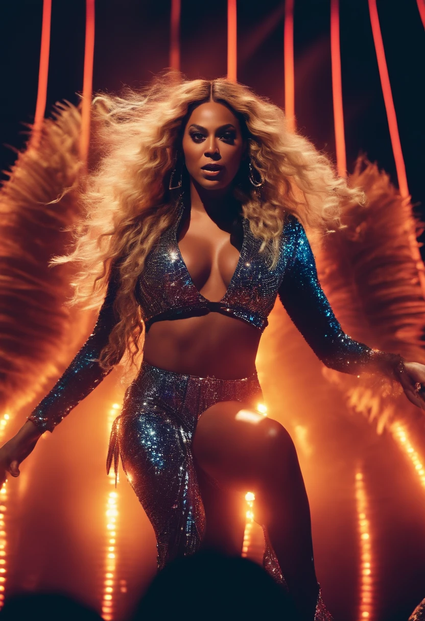 Beyoncé on stage with neon lights and long blonde hair singing with dancers and lights, estrelas, uma roupa futurista, cabelo liso, collant