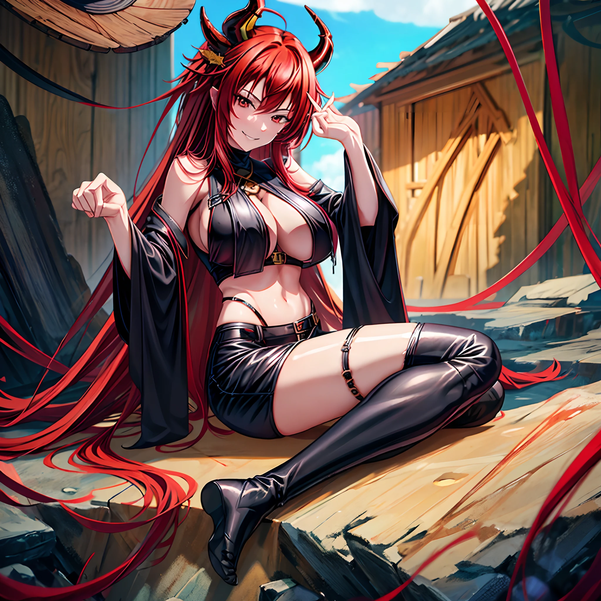 1 girl, solo, dark flamy red hair, long straight hair, black hair_ornament, large breasts, dragon horns, black crop-top, short trousers, glossy black kneehighs, side boobs, sunglasses, grinning, smile