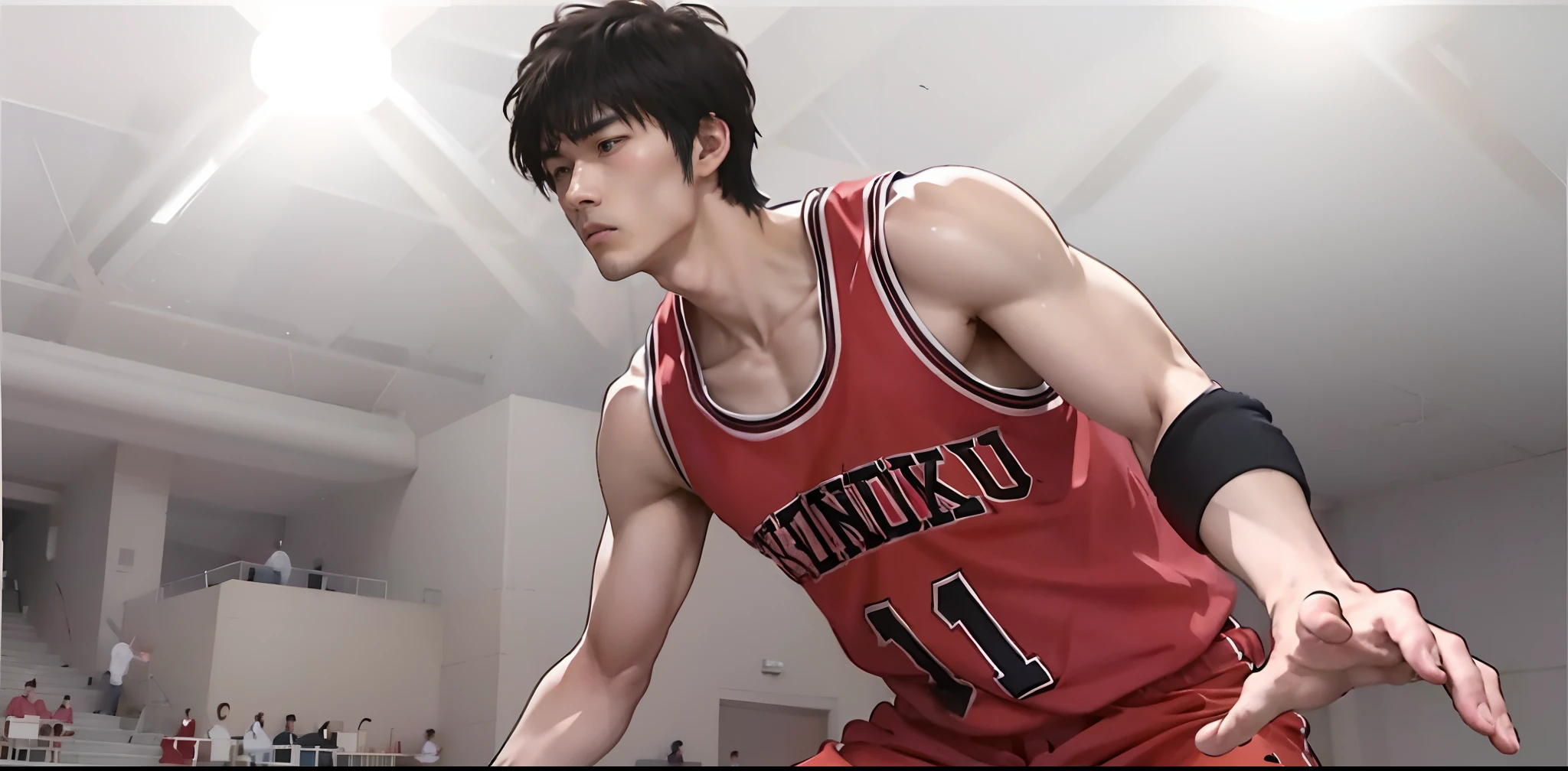 Anime image of a man in a red uniform playing basketball, scence of slam dunk, kentaro miura manga style, kentaro miura manga art style, Slam Dunk, kentaro miura art style, manga style of kentaro miura, miura kentaro style, yukio - e, makoto kano, makoto yukimura