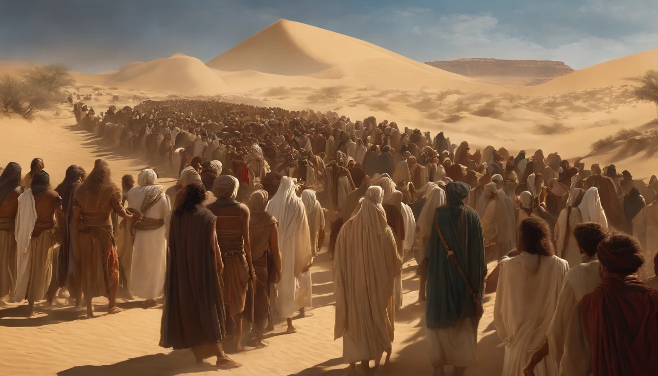 Moses' Exodus from Egypt, With a lot of people, Hundreds of thousands, desert,Old gowns,,History reference,High-quality artwork and details,Realistic portrait style,Subtle color palette,vibrant background,natural textures,Deep Shadows,Subtle highlights,Historical accuracy,meticulous attention to detail,Emotional depth and intensity,Authentic Representation,Thought-provoking,Spiritual atmosphere,A Sense of Ancient Wisdom,Profound impact