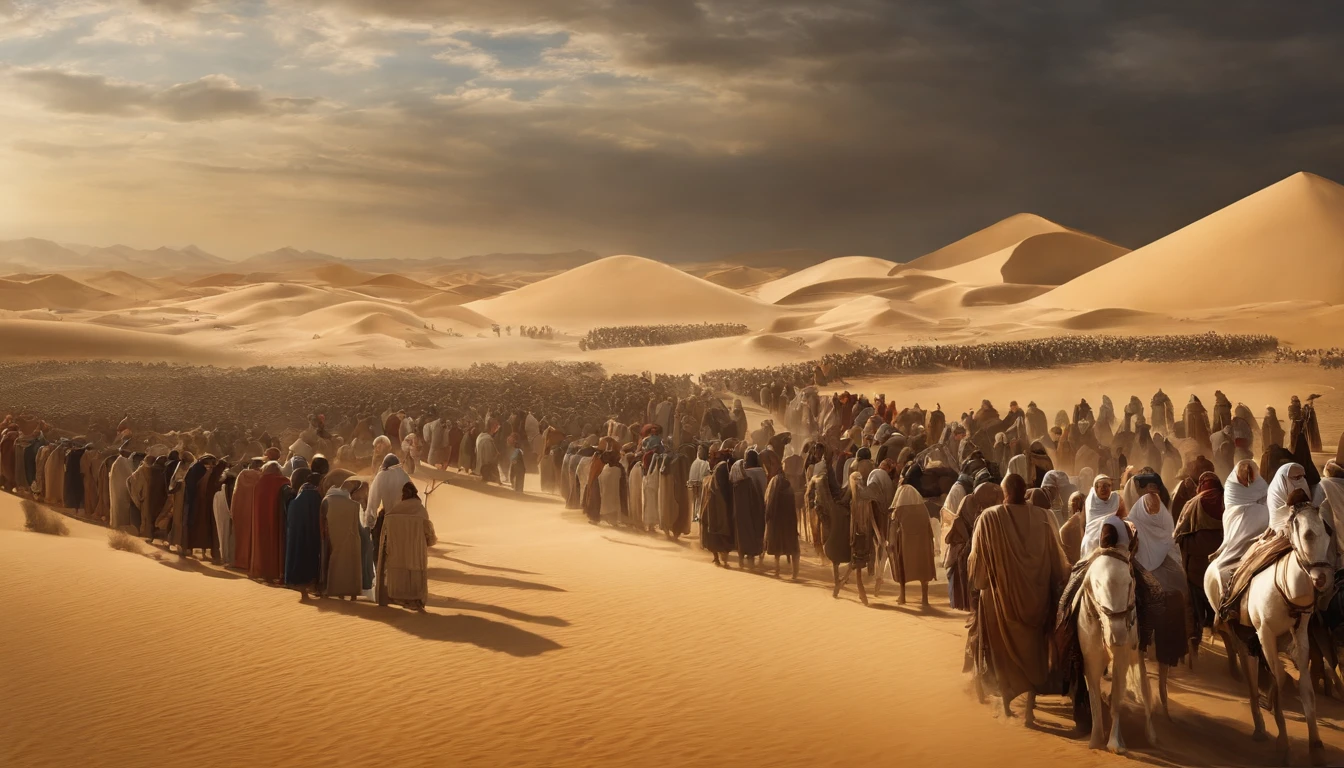 Moses' Exodus from Egypt, With a lot of people, Hundreds of thousands, desert,Old gowns,,History reference,High-quality artwork and details,Realistic portrait style,Subtle color palette,vibrant background,natural textures,Deep Shadows,Subtle highlights,Historical accuracy,meticulous attention to detail,Emotional depth and intensity,Authentic Representation,Thought-provoking,Spiritual atmosphere,A Sense of Ancient Wisdom,Profound impact