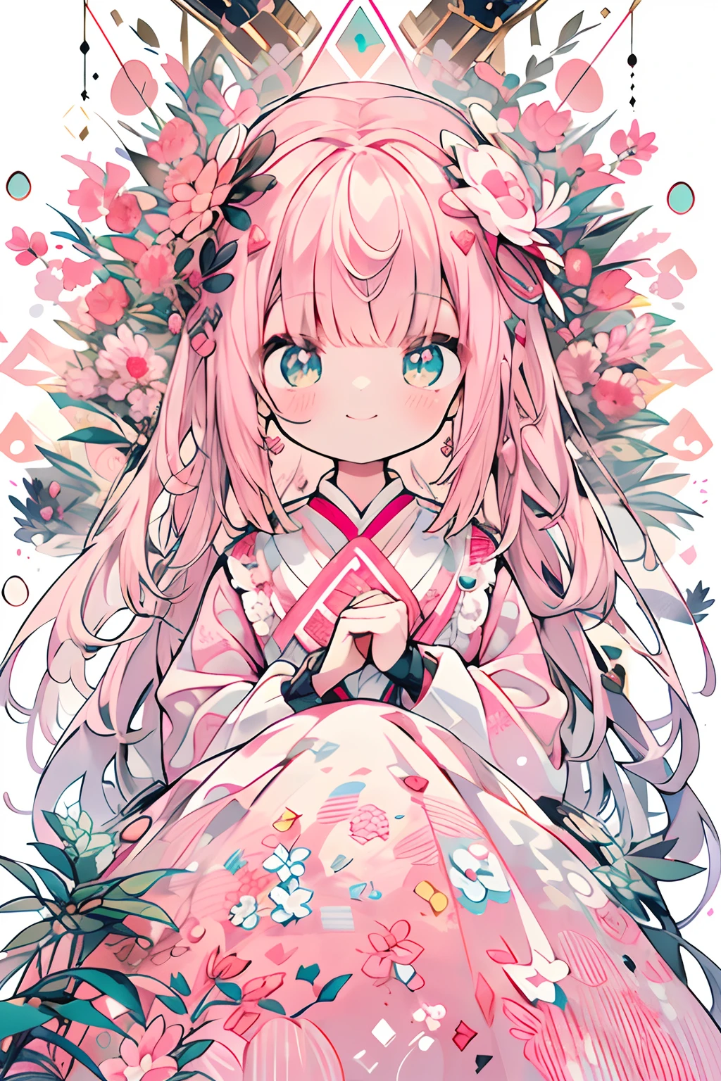 (Background white:1.0),(Nature illustration:1.0,paper art:0.7, Quilted Paper Art:1.0),(Clear lines,Best Quality, Very detailed, masutepiece, Movie Light Effects, 4K )(Particles of light:1.0)(Chiquita、tiny girl、Rori:1.0)Background with、long、kindly smile、Pink ribbon on clothes、lolita dress、girl with、lightsmile、Pink Theme、Gentle system、Gentle girl、Thick、Fluffy clothes、lots of ruffles、Transparent functionality、lots of ribbons、Cute smile、Detailed picture、high-level image quality、looking at the viewers、Bruise girl、Kawaii Girl、The best smile、Detailed picture、master piece、Heart-shaped glitter、Pink heart glitter、a smile、Gothic lolita