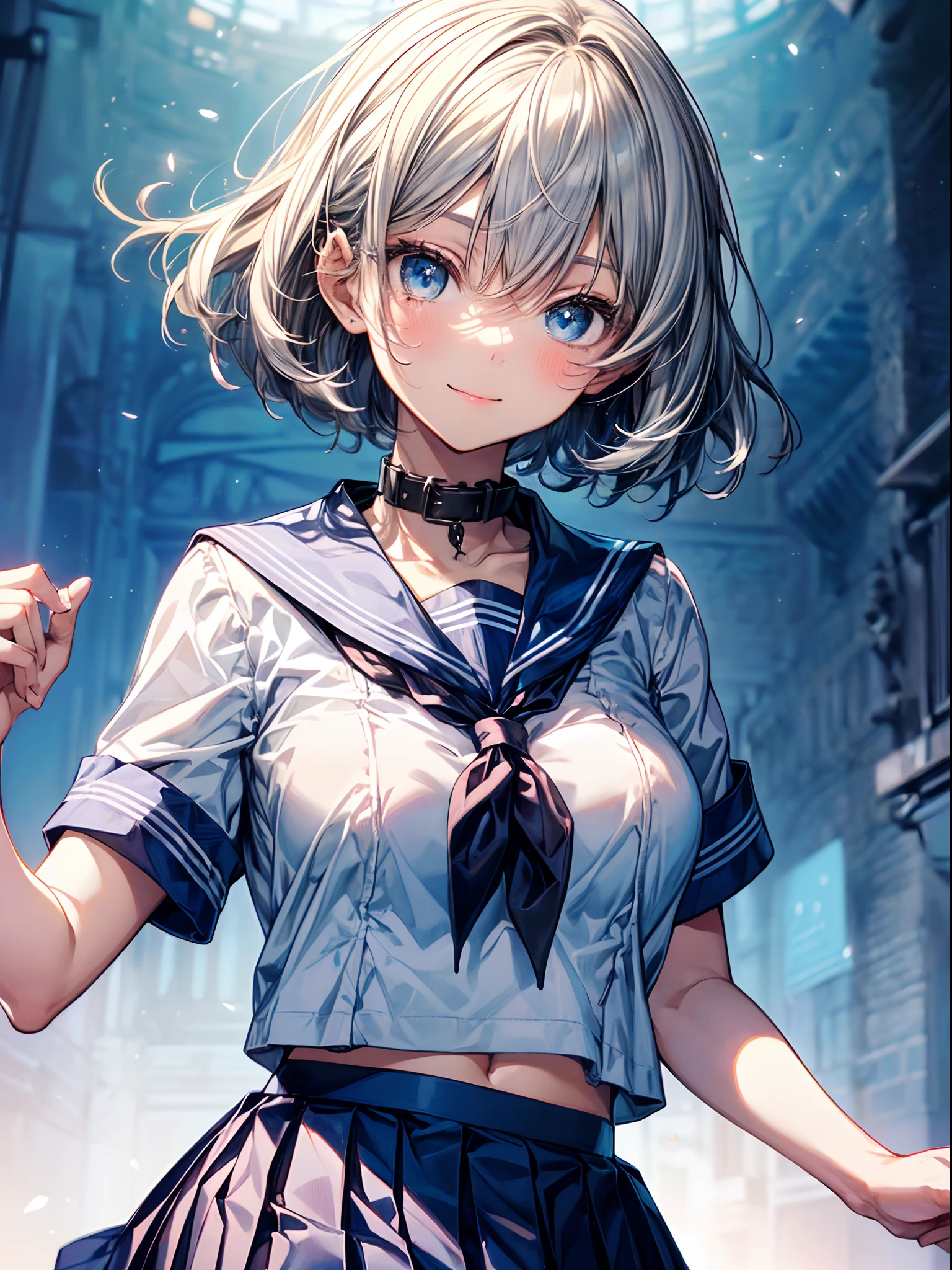 One Cute Pure Girl,(Solo:1.2),lightsmile,Black Bob Cut,(serafuku,blue sailor collar, Pleated skirt:1.4),large full breasts、Beautiful detailed eyes,long eyelashes,Beautiful detailed skin,(PastelColors:1.2),masutepiece,Best Quality,Insanely detailed, amazing,superfine illustration,Intricate details,Perfect Anatomy,5 fingers