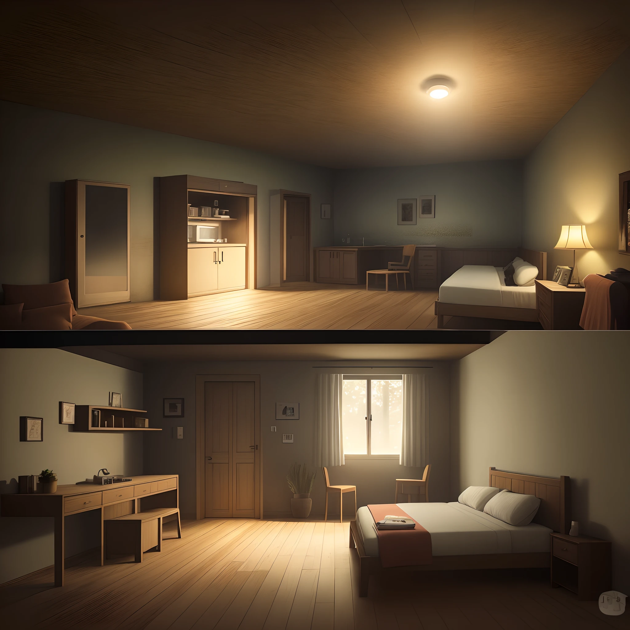 Small hyper realistic room of the house in the woods nighttime
