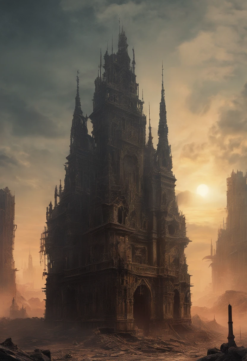 apocalyptic city,ruined buildings,postapocalyptic,Zdzislaw Beksiński,madmax: Fury Road,low key lighting,tmasterpiece,Detailed details,k hd,Tyndall effect