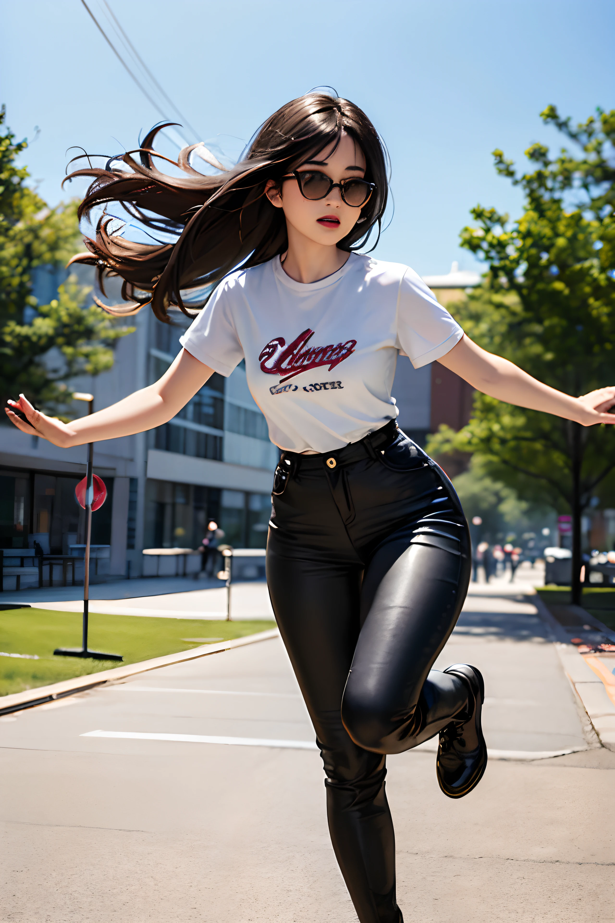 1girl, long curly black hair, brown eyes, wearing black leather jacket, white t-shirt, black leather long pants, black boots, high res, ultrasharp, 8K, masterpiece, looking at viewer, full body photo, magnificent scene, epic scenes, college student, college campus, sunny sky, black sunglasses, jumping action, fighting action, motorcycle, water fountain