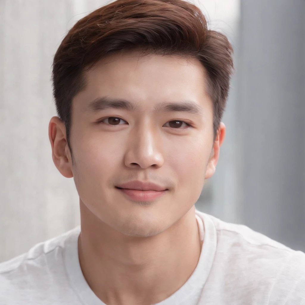 (Photo: 1.3) af (realistic: 1.3), East Asian man,mullet,soft light, clear face, front, ((white T-shirt)), cheerful, warm light, ((gray-white gradient background)), smile, (background)) ,avatar,(short hair),handsome,young,,short hair,((avatar))