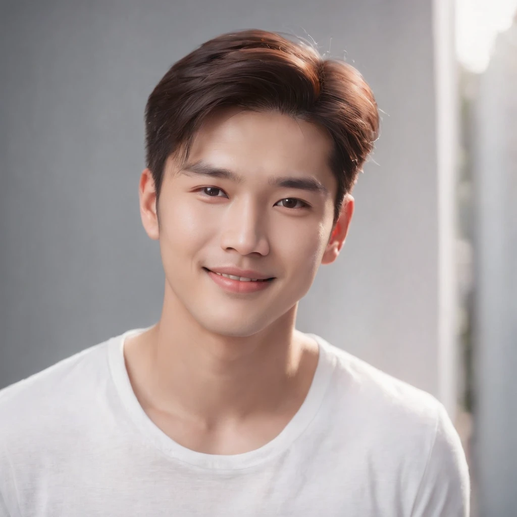 (Photo: 1.3) af (realistic: 1.3), East Asian man,mullet,soft light, clear face, front, ((white T-shirt)), cheerful, warm light, ((gray-white gradient background)), smile, (background)) ,avatar,(short hair),handsome,young,,short hair,((avatar))