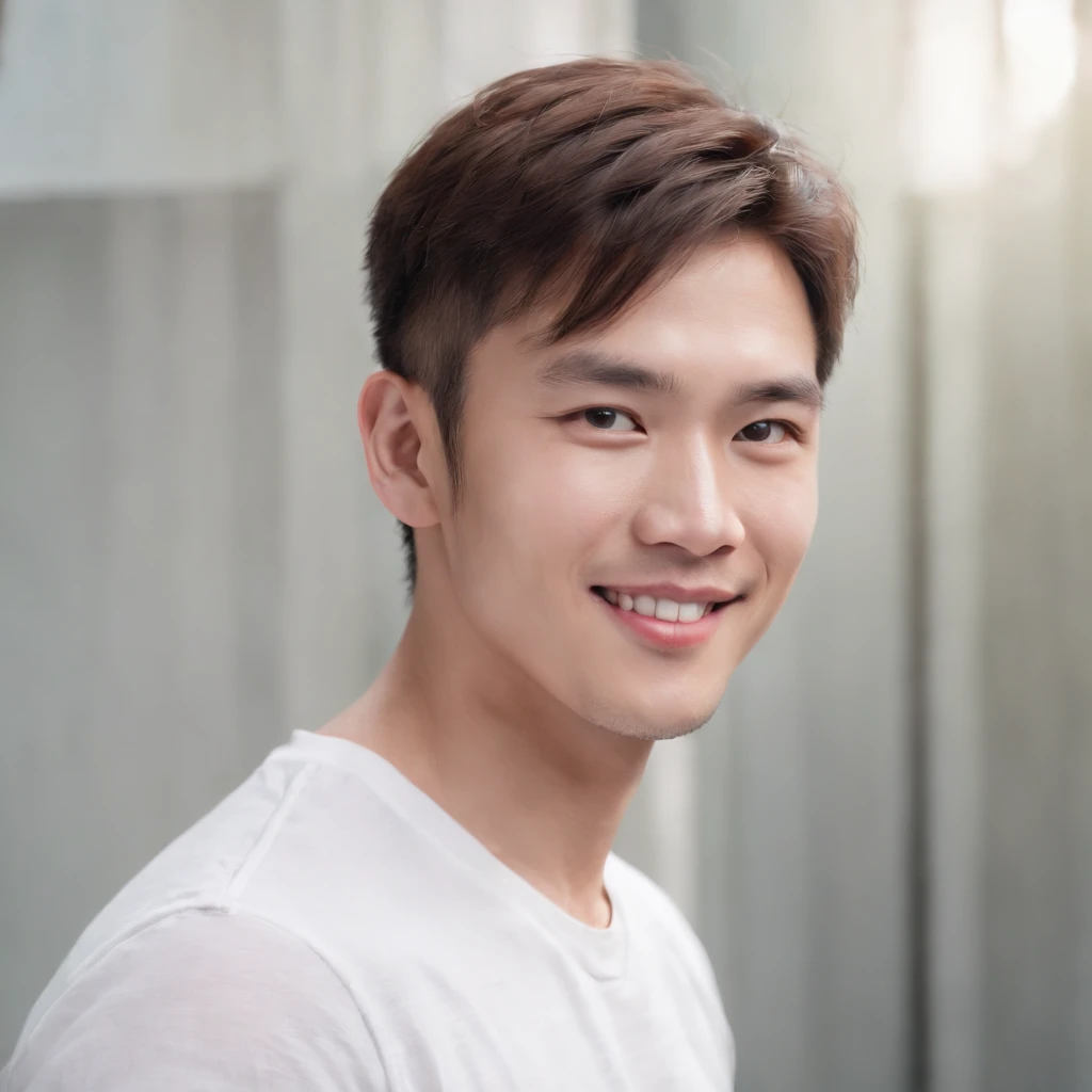 (Photo: 1.3) af (realistic: 1.3), East Asian man,mullet,soft light, clear face, front, ((white T-shirt)), cheerful, warm light, ((gray-white gradient background)), smile, (background)) ,avatar,(short hair),handsome,young,,short hair,((avatar))