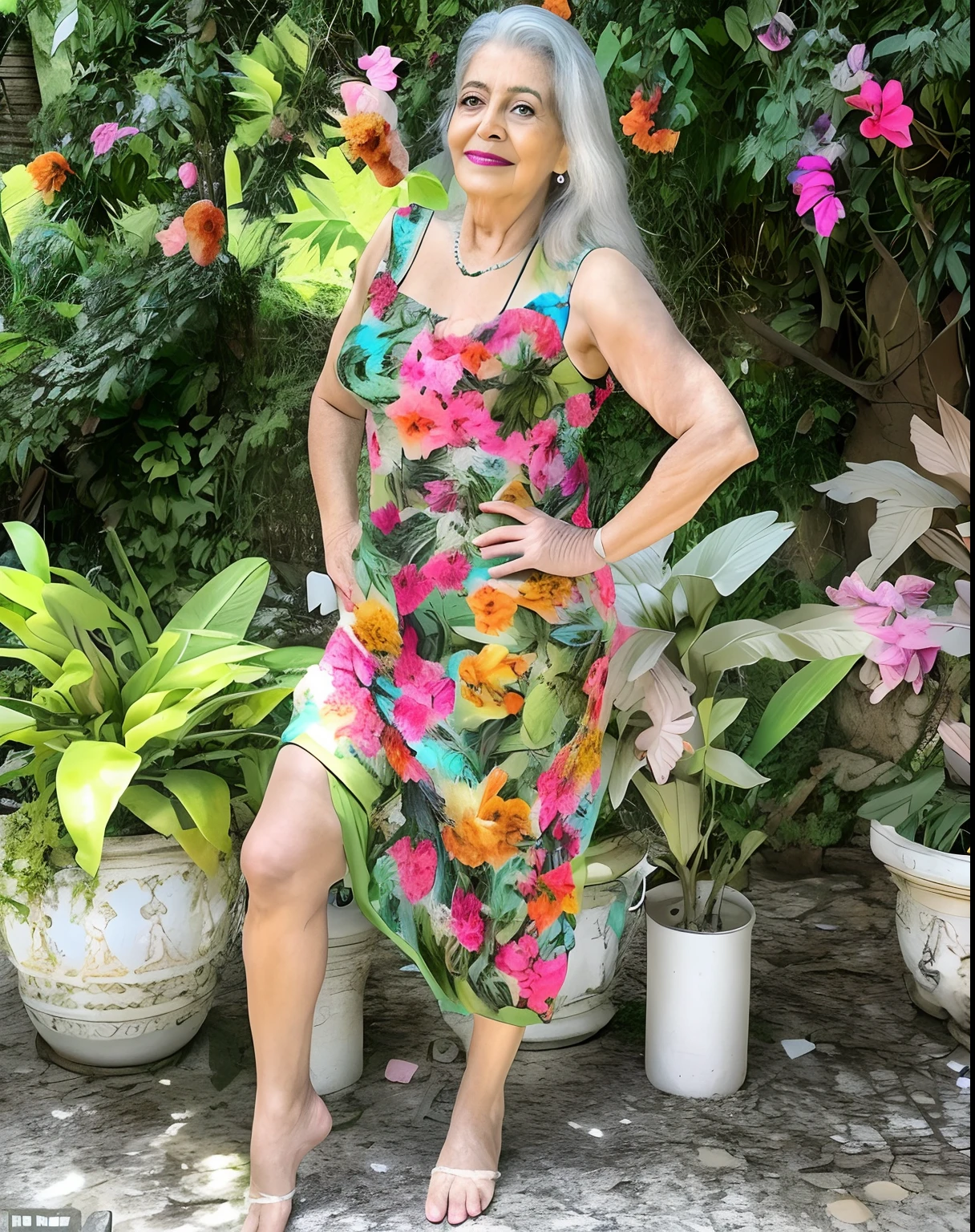 mulher loira na faixa de 50 anos com rosto angelical usando uma roupa da idade media e no fundo um jardim enriquecido de flores e borboletas fotografia selfie imagem de alta qualidade