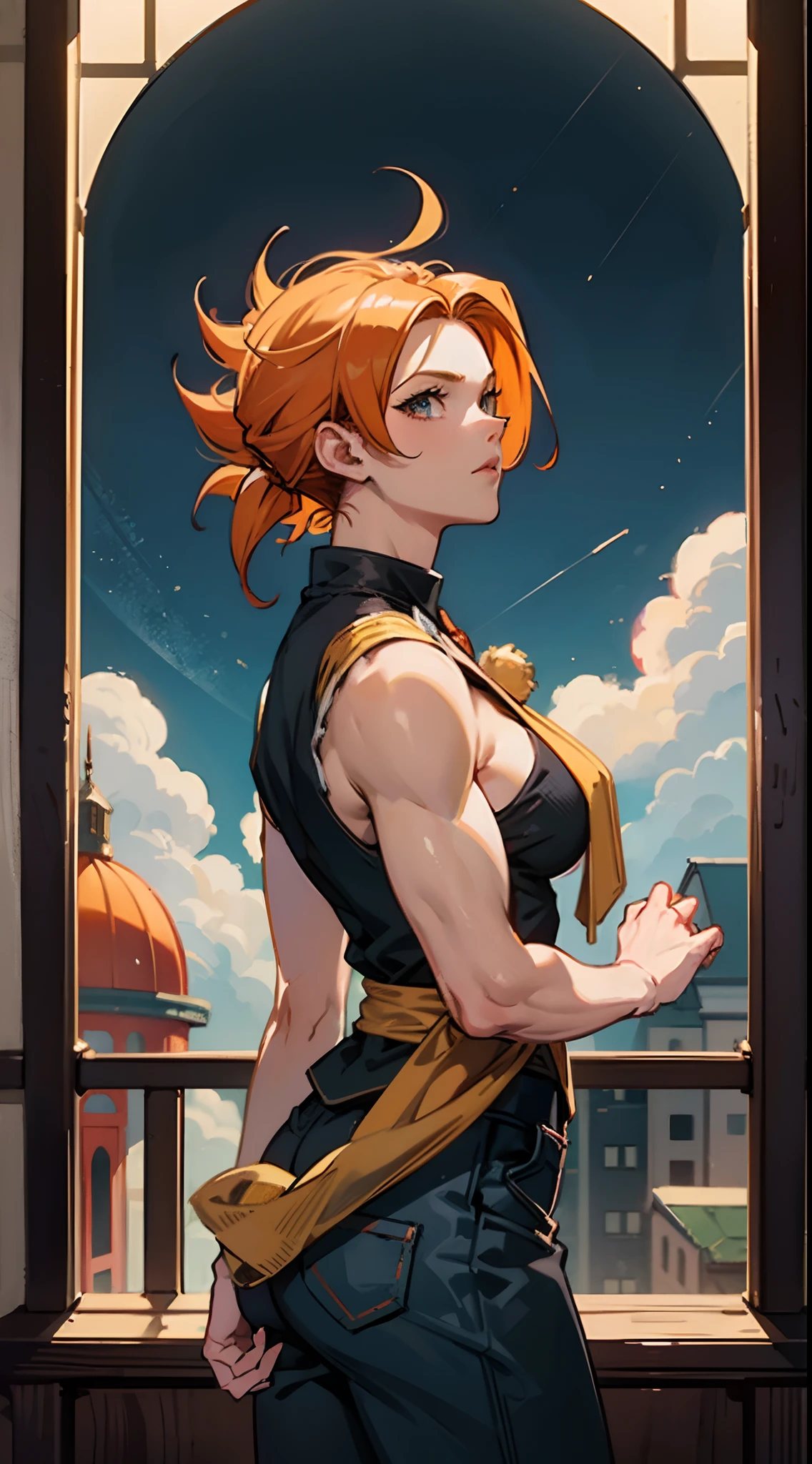 masterpiece, bestquality, bara, Super Saiyan Girl,busty, orange hair, Dragon Ball Series, looking at the audience, Stand and watch the audience,Tamil Fortress,scenary