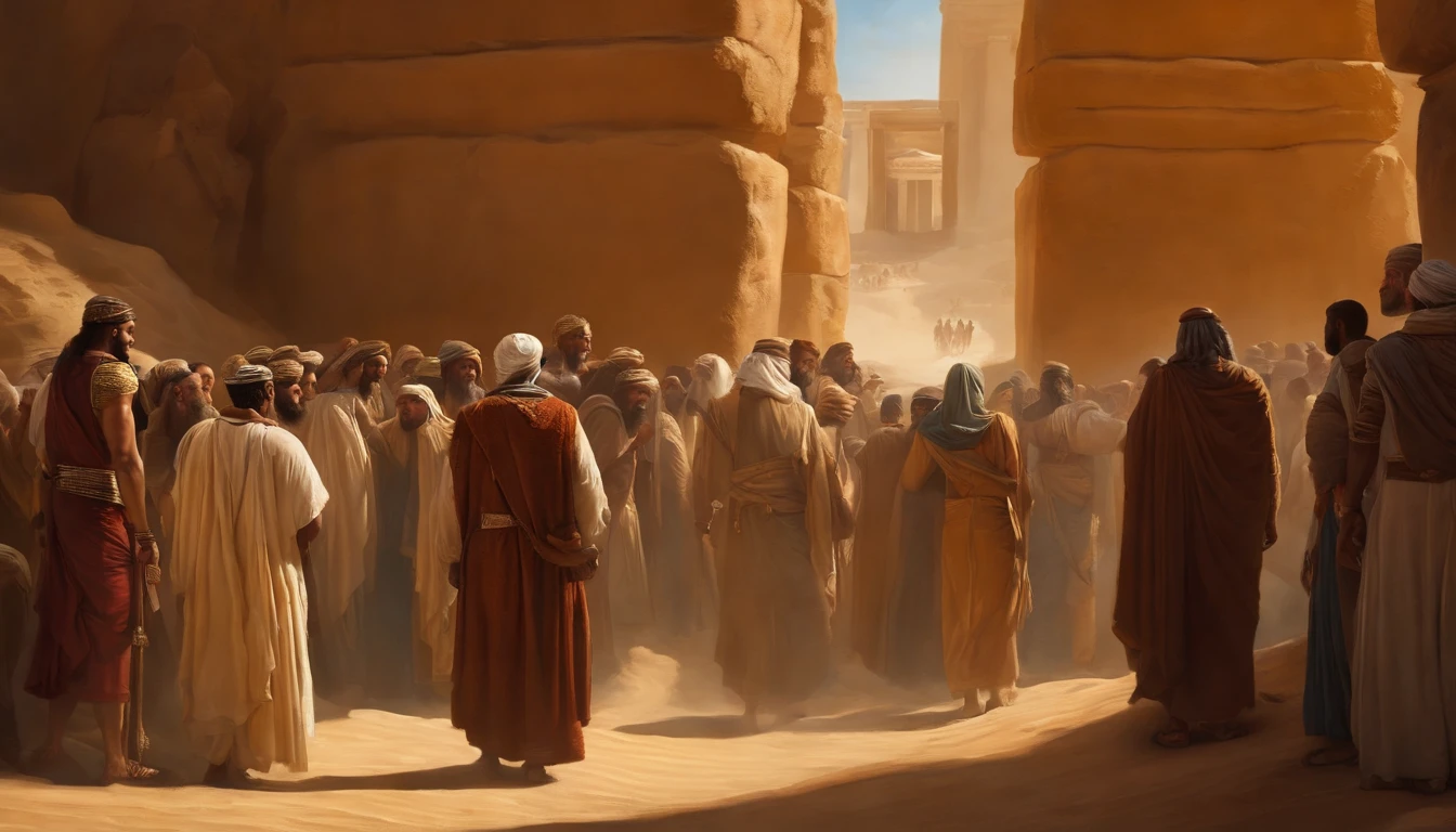 Moses' Exodus from Egypt, With a lot of people, Millions, desert,Old gowns,,History reference,High-quality artwork and details,Realistic portrait style,Subtle color palette,vibrant background,natural textures,Deep Shadows,Subtle highlights,Historical accuracy,meticulous attention to detail,Emotional depth and intensity,Authentic Representation,Thought-provoking,Spiritual atmosphere,A Sense of Ancient Wisdom,Profound impact