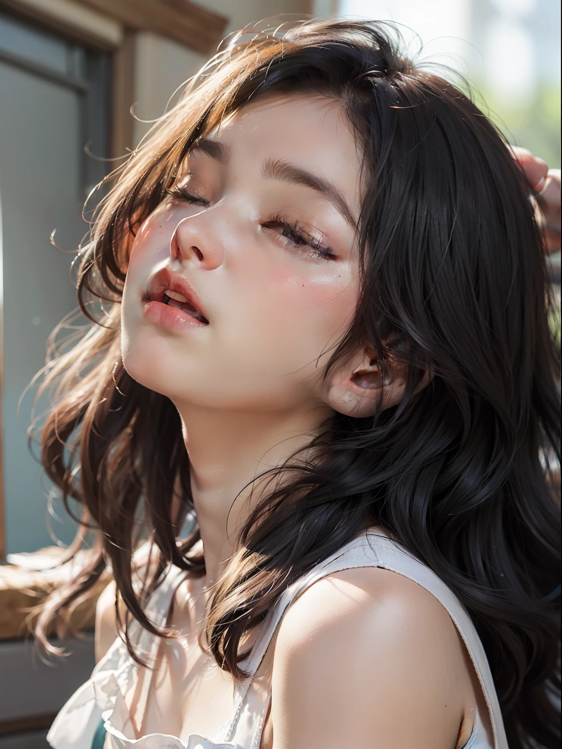 8yk、Raw photo、(masuter piece)、(top-quality)、Hi-Res、(girl with)、(realisitic、Photorealsitic:1.2), Upper body、Red camisole、Facing up、skinny、14years、small tits、Eyes closed、Deep sadness、Sorrow、look up sky、Open mouth、screeming、a room、Background blur