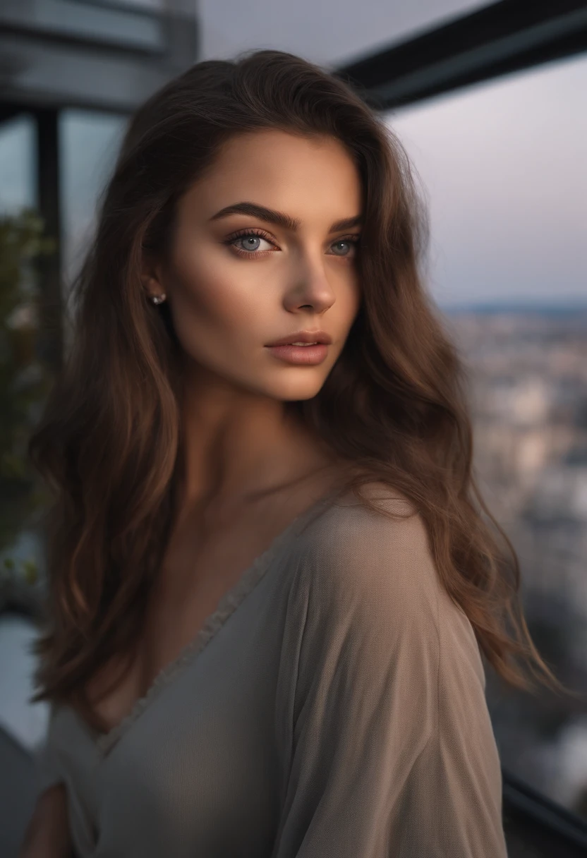 arafed woman, sexy girl with green eyes, brown hair and large eyes, selfie of a young woman, bedroom eyes, violet myers, without makeup, natural makeup, looking directly at the camera, face with artgram, subtle makeup, stunning full body shot, piercing green eyes, beautiful angle, cute girl, full body picture, full body, full body shoot, brunette goddess, high detail, sexy pose, new york city skyline in the background