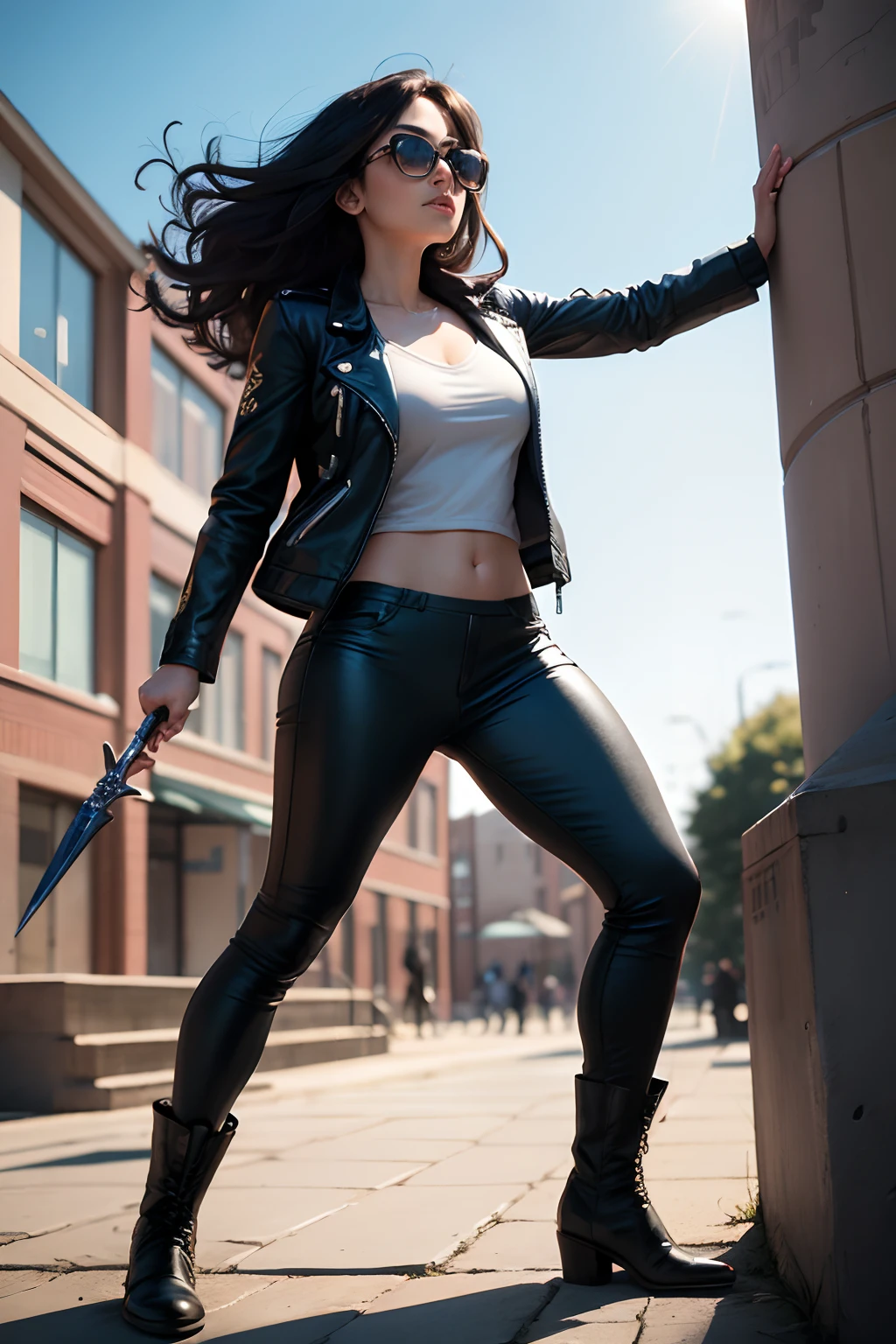 1girl, long curly black hair, brown eyes, wearing black leather jacket, white under shirt, black leather long pants, black boots, high res, ultrasharp, 8K, masterpiece, looking at viewer, full body photo, magnificent scene, epic scenes, college student, college campus, sunny sky, black sunglasses, kung fu, fighting action, motorcycle, water fountain, holding a dagger in hand