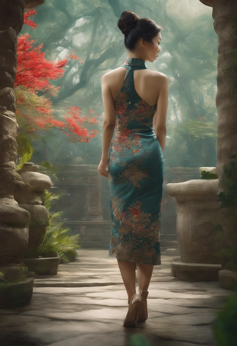 Perfect centering, Abstract beauty,A Chinese woman wearing a cheongsam walks through the Bailan Garden, Follow hidden trails. The camera should be located behind the woman, looking her shoulder. The scene should be suspenseful, The garden is tranquil and zen,Creates a minimalist aesthetic. Dynamic, Highly detailed, smooth, Sharp focus, 8K, high definition resolution, illustration, Art by Carne Griffiths and Wadim Kashin,
