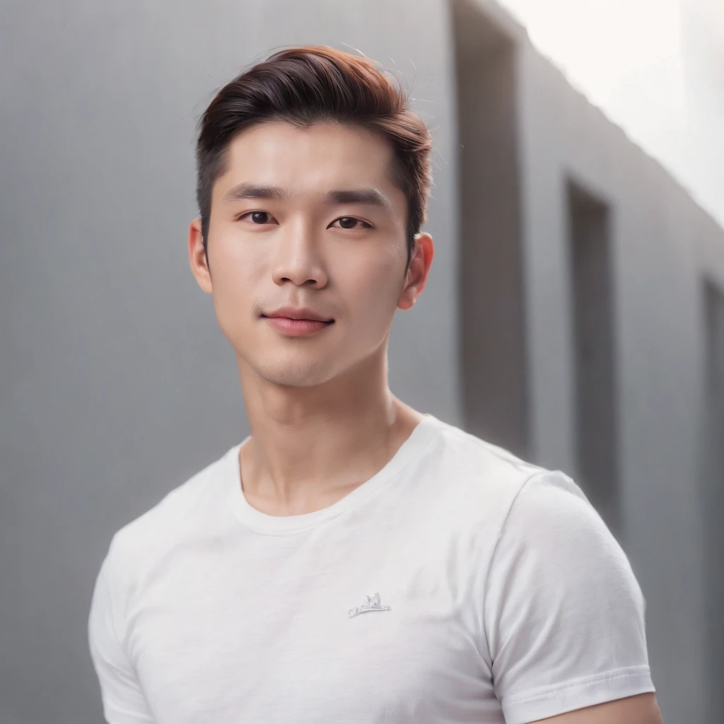 (Photo: 1.3) af (realistic: 1.3), East Asian man, mullet,soft light, clear face, front, ((white T-shirt)), cheerful, warm light, ((gray-white gradient background)),(background)) ,avatar,(,handsome,young,((avatar))