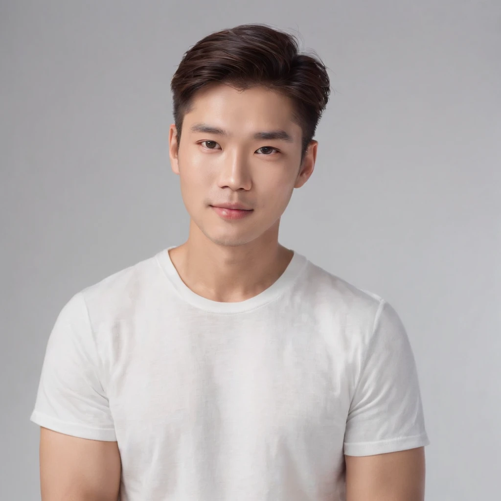 (Photo: 1.3) af (realistic: 1.3), East Asian man, mullet,soft light, clear face, front, ((white T-shirt)), cheerful, warm light, ((gray-white gradient background)),(background)) ,avatar,(,handsome,young,((avatar))