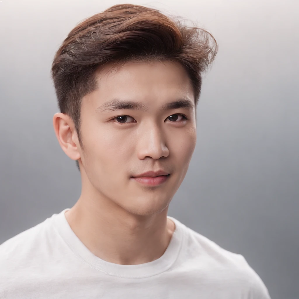 (Photo: 1.3) af (realistic: 1.3), East Asian man, mullet,soft light, clear face, front, ((white T-shirt)), cheerful, warm light, ((gray-white gradient background)),(background)) ,avatar,(,handsome,young,((avatar))