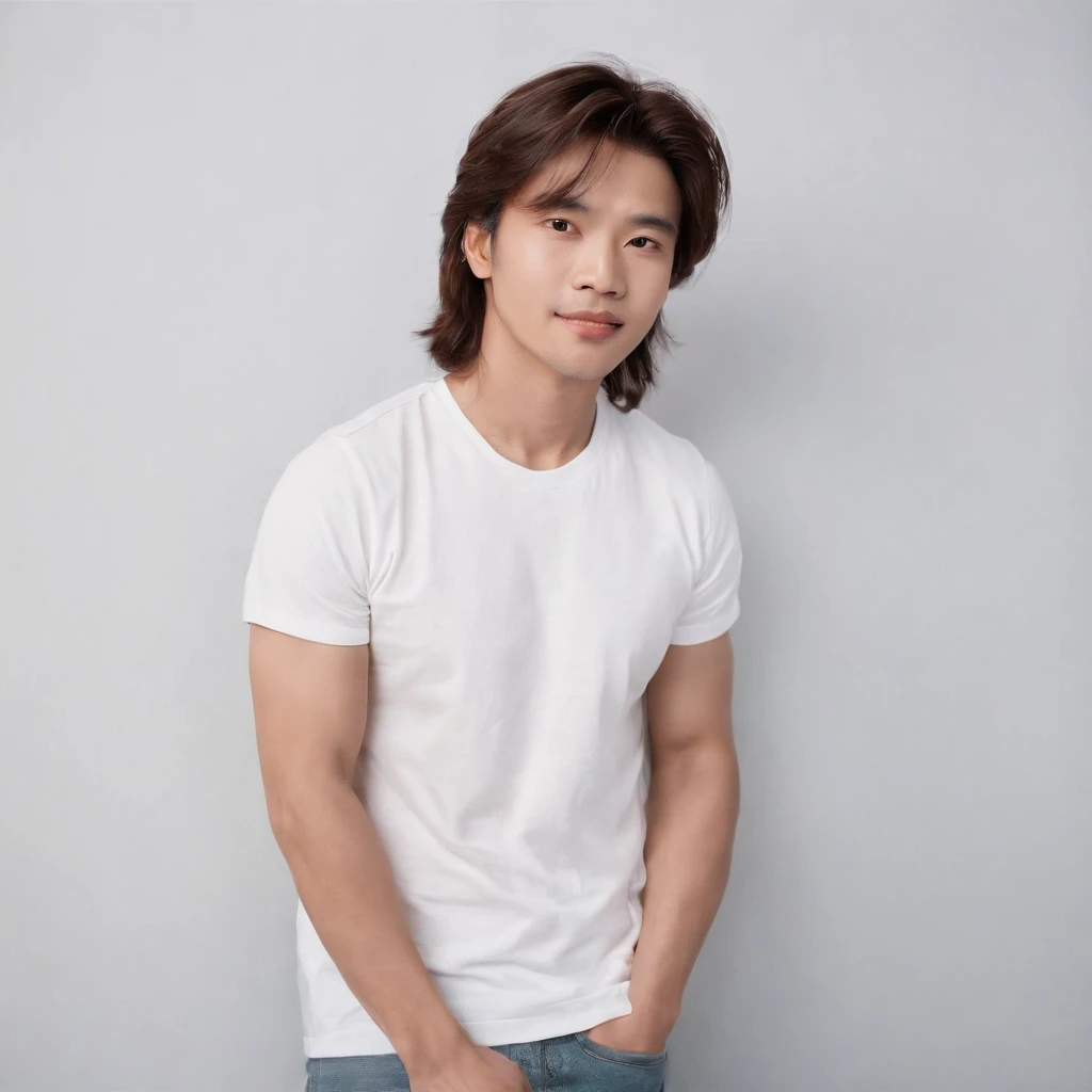 (Photo: 1.3) af (realistic: 1.3), East Asian man, ((mullet)),soft light, clear face, front, ((white T-shirt)), cheerful, warm light, ((gray-white gradient background)),(background)) ,avatar,(,handsome,young,((avatar))