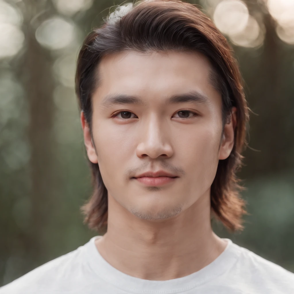 (Photo: 1.3) af (realistic: 1.3), East Asian man, ((mullet)),soft light, clear face, front, ((white T-shirt)), cheerful, warm light, ((gray-white gradient background)),(background)) ,avatar,(,handsome,young,((avatar))