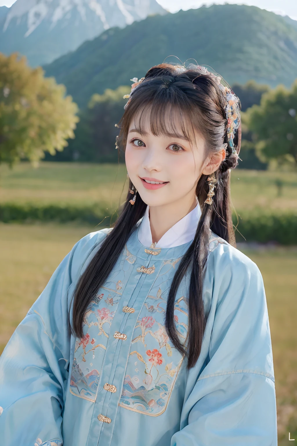 Best quality at best,tmasterpiece, 超高分辨率, (photo-realistic:1.4), 8K original photos, A high resolution, Ancient Chinese Hanfu, mingstyleoutfits, Beautiful pattern, Embroidery, beautiful eyes in detail, detailed skin textures, long eyelasher, RAW photogr, face to the viewer, The upper part of the body, Close-up Shot Shot, ((( Landscape background))),(((1girll))),独奏, ssmile, Beautiful hairstyle,No action