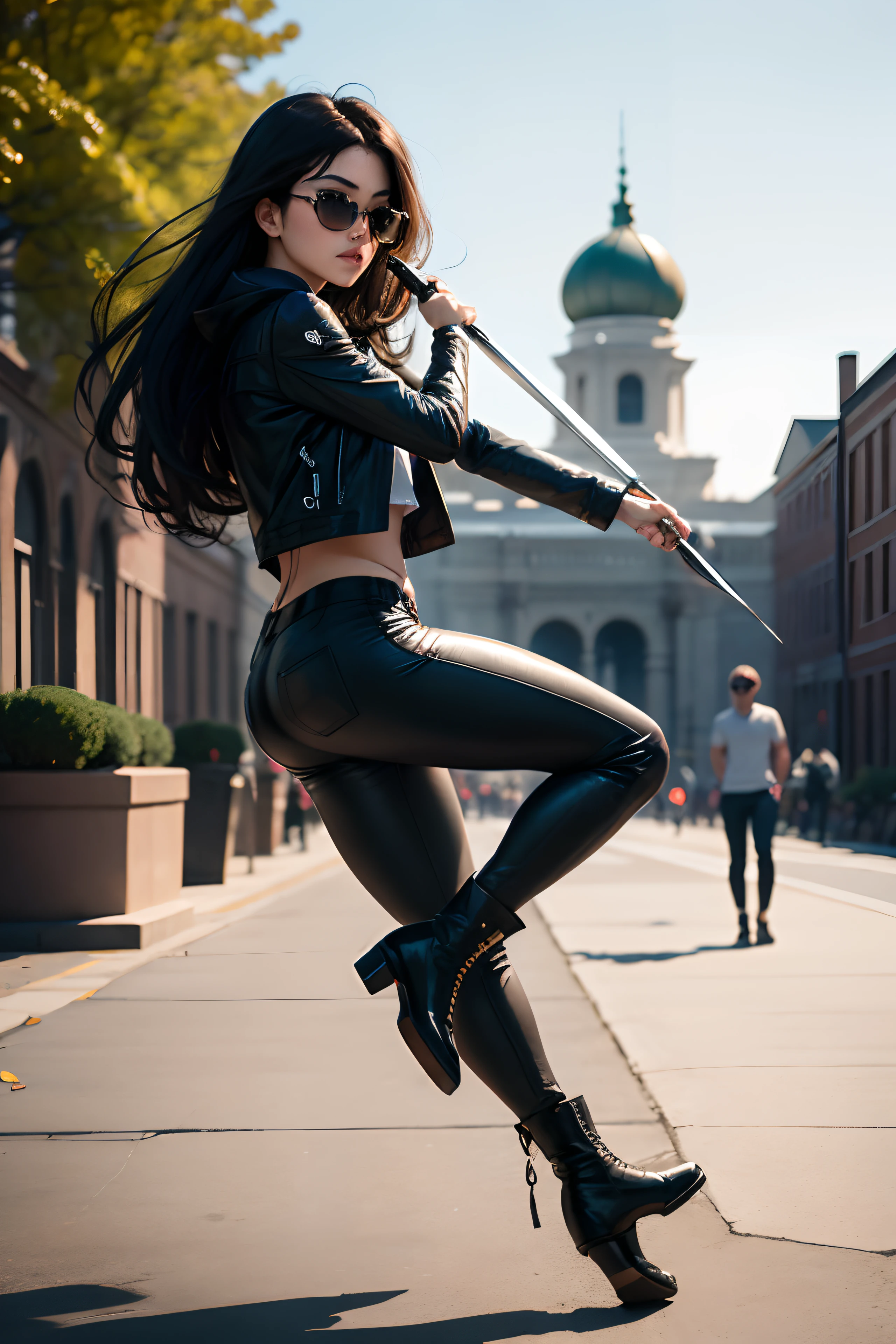 1girl, long curly black hair, brown eyes, wearing black leather jacket, white under shirt, black leather long pants, black boots, high res, ultrasharp, 8K, masterpiece, looking at viewer, full body photo, magnificent scene, epic scenes, college student, college campus, sunny sky, black sunglasses, kung fu, fighting action, motorcycle, water fountain, holding a dagger in hand