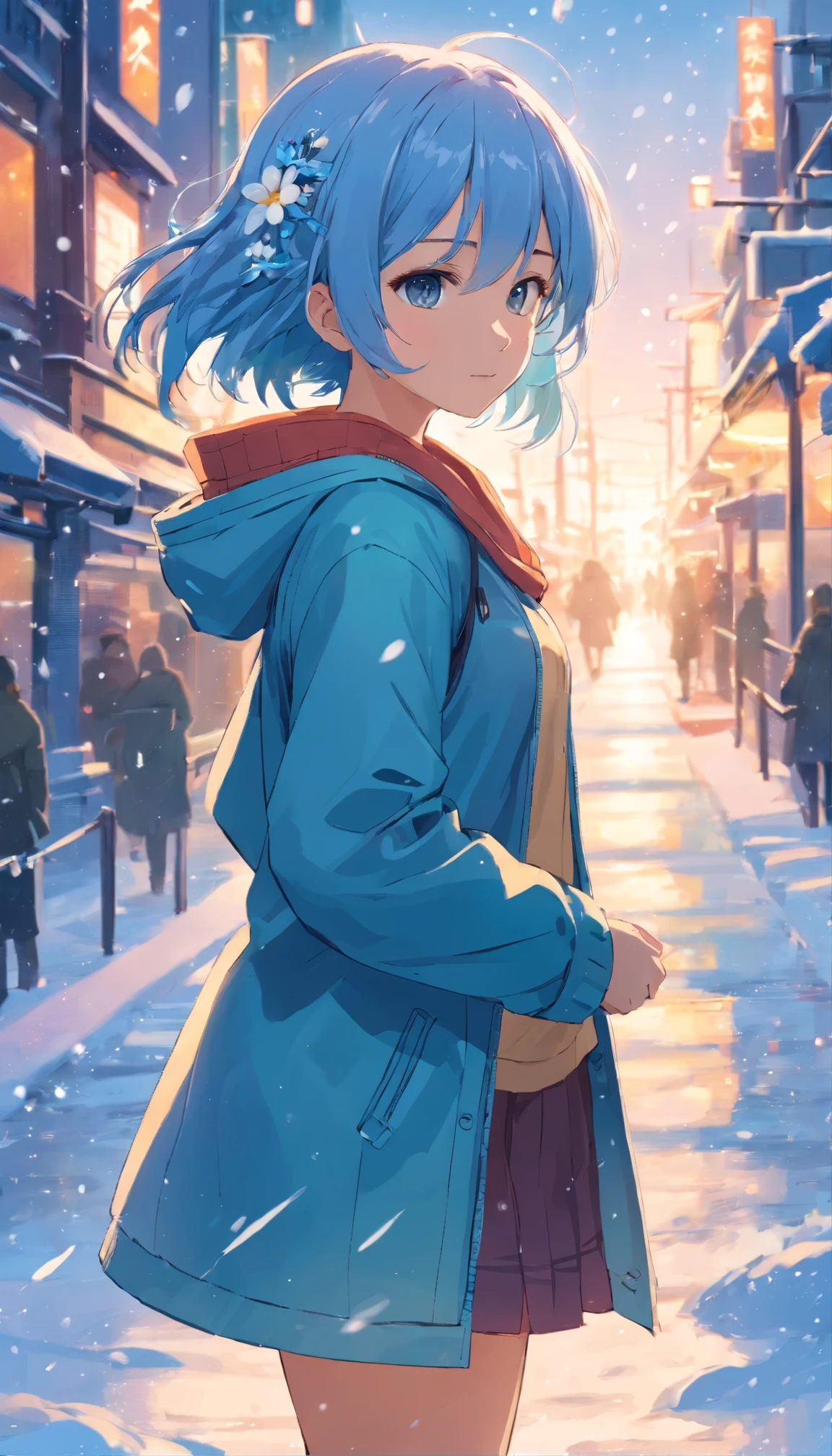 (masutepiece),full body Esbian, (Best quality), (ultra - detailed),(disheed hair),(illustration), (1girll), (Fashionable clothing), schoolgirls, Fashion model, (Simple background),Beautiful and delicate eyes,Delicate beauty,On the snow,(high saturated),(Colorful splashes),Silver Snow,(Shine),Focus on the face,lightblue hair,By bangs,Hair rings,Floating flowers,floated hair,(Shiny),The best lighting,Best shadow,