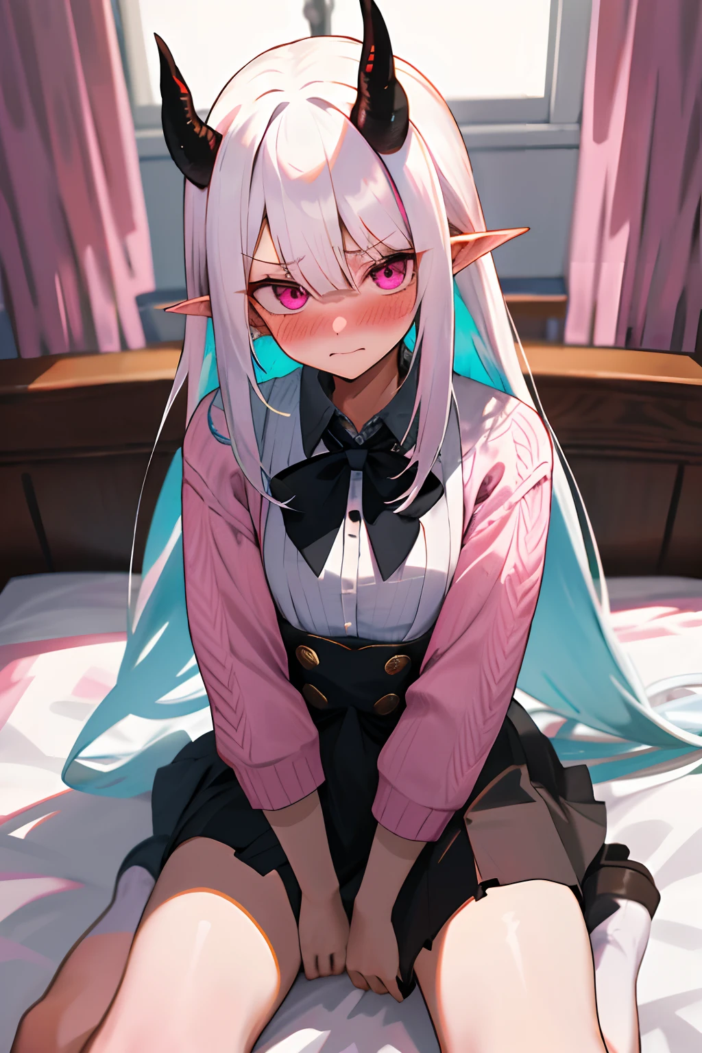 One girl with long hair, white hair, looking at viewer, embarrassed, blushing, indoor , bed, sit on, spread legs, pink sweater, black bow tie, black hight waist skirt ,thigh, pointy ears, demon wings, demon king, demon horn, perfect waist