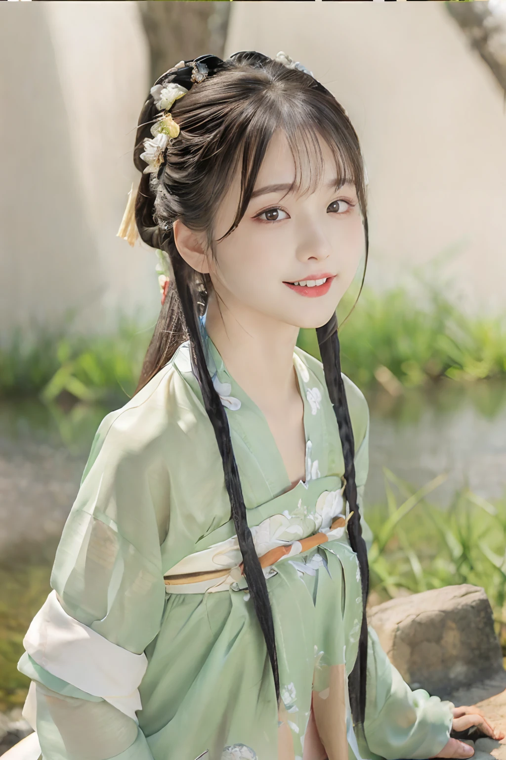 Best quality at best,tmasterpiece,超高分辨率,(photo-realistic:1.4),8K raw photos, A high resolution,Ancient Chinese Hanfu,Beautiful pattern,beautiful eyes in detail, long eyelasher, RAW photogr, face to the viewer, The upper part of the body, Close-up Shot Shot, ((( Landscape background))),(((1girll))),独奏,The upper part of the body, ssmile,heads,low tune, Beautiful hairstyle,No action