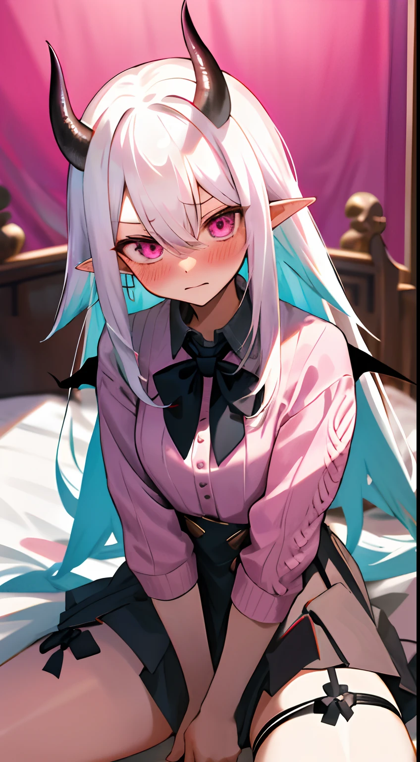 One girl with long hair, white hair, looking at viewer, embarrassed, blushing, indoor , bed, sit on, spread legs, pink sweater, black bow tie, black hight waist skirt ,thigh, pointy ears, demon wings, demon king, demon horn, perfect waist
