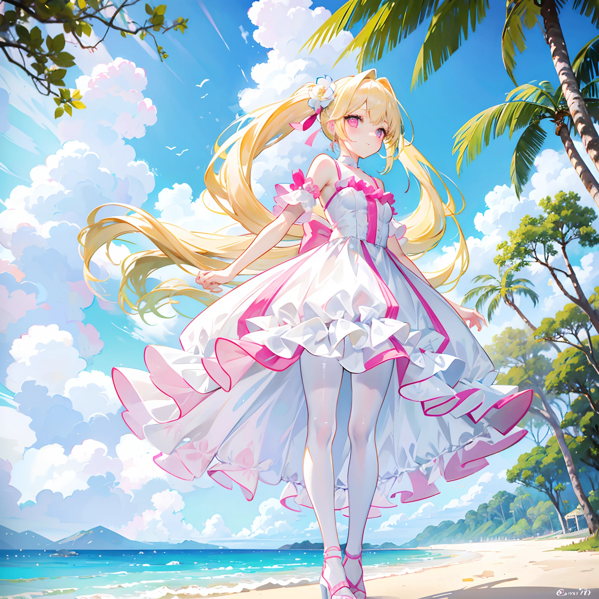 Light yellow hair，Double ponytail hairstyle，Pink eyes，Pink pupils，teens girl，White gorgeous beautiful dress，White silk pantyhose，Wearing white high heels on his feet，fully body photo，All body，Fingers and arms are not exposed，Background sandy beach，with blue sky and white clouds，Flowers and bushes，Happy expression