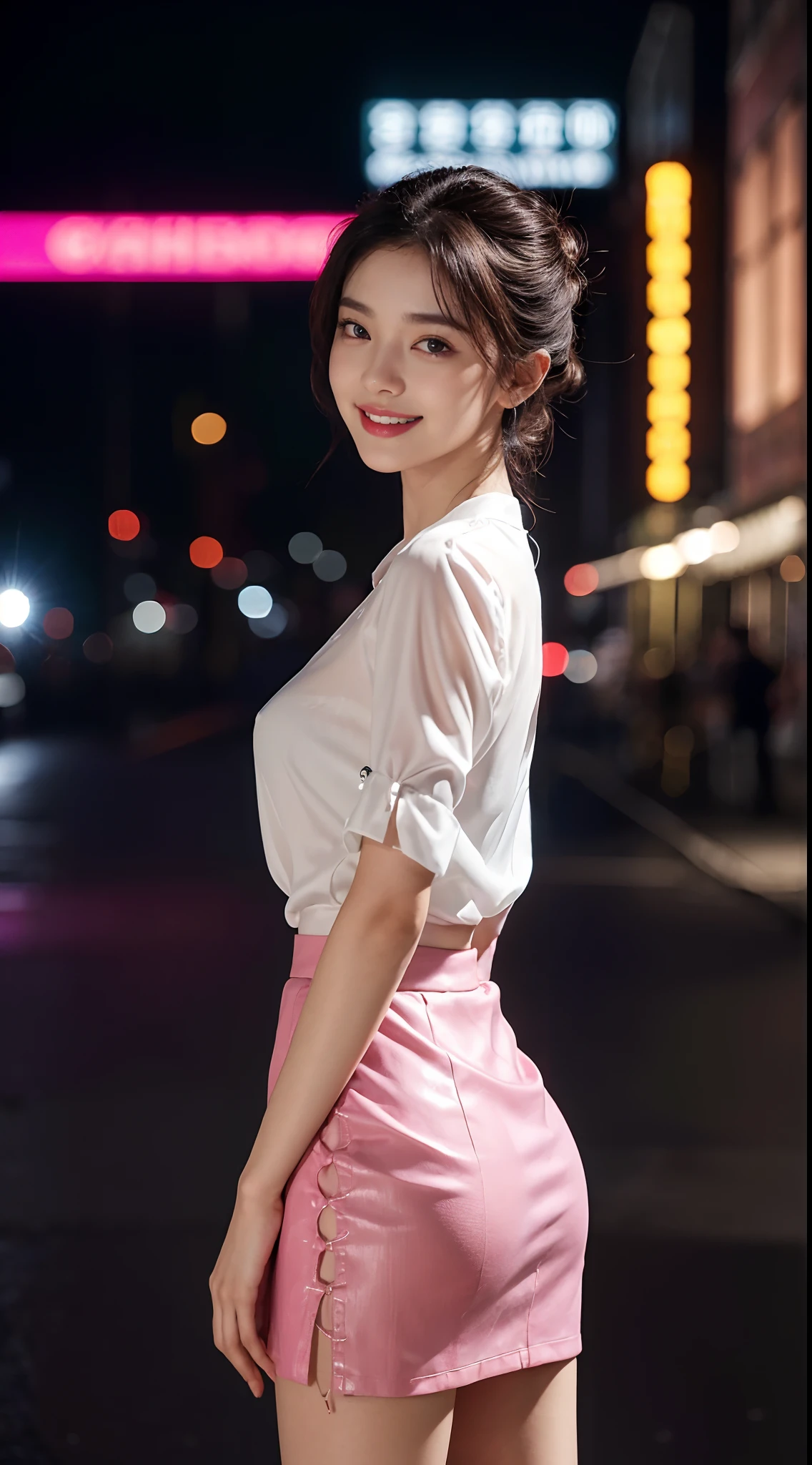 8k, masterpiece, RAW photo, best quality, photorealistic, extremely detailed CG unity 8k wallpaper, Depth of field, Cinematic Light, Lens Flare, Ray tracing, (extremely beautiful face, beautiful lips, beautiful eyes), intricate detail face, ((ultra detailed skin)) 1girl, in the dark, deep shadow, pretty korean girl, kpop idol,(very slim slender fit-muscled body:1.3), ((looking at viewer)),(big smile:1.3), (night, (neon sign), (blurry background), midnight, (without people in the background:1.3), pretty korean girl, white diamond earrings, bracelets, necklace, clear eyes, walking , front shot, (pale skin), face forward, (big eyes), full body shot, ((see through blouse)), (hot pink color blouse)), ((laced skirt)), (looking at viewer:1.3), very slim, medium breasts, Hermes bag, mini skirt, updo hair, short hair, turning back, (back shot), medium butts