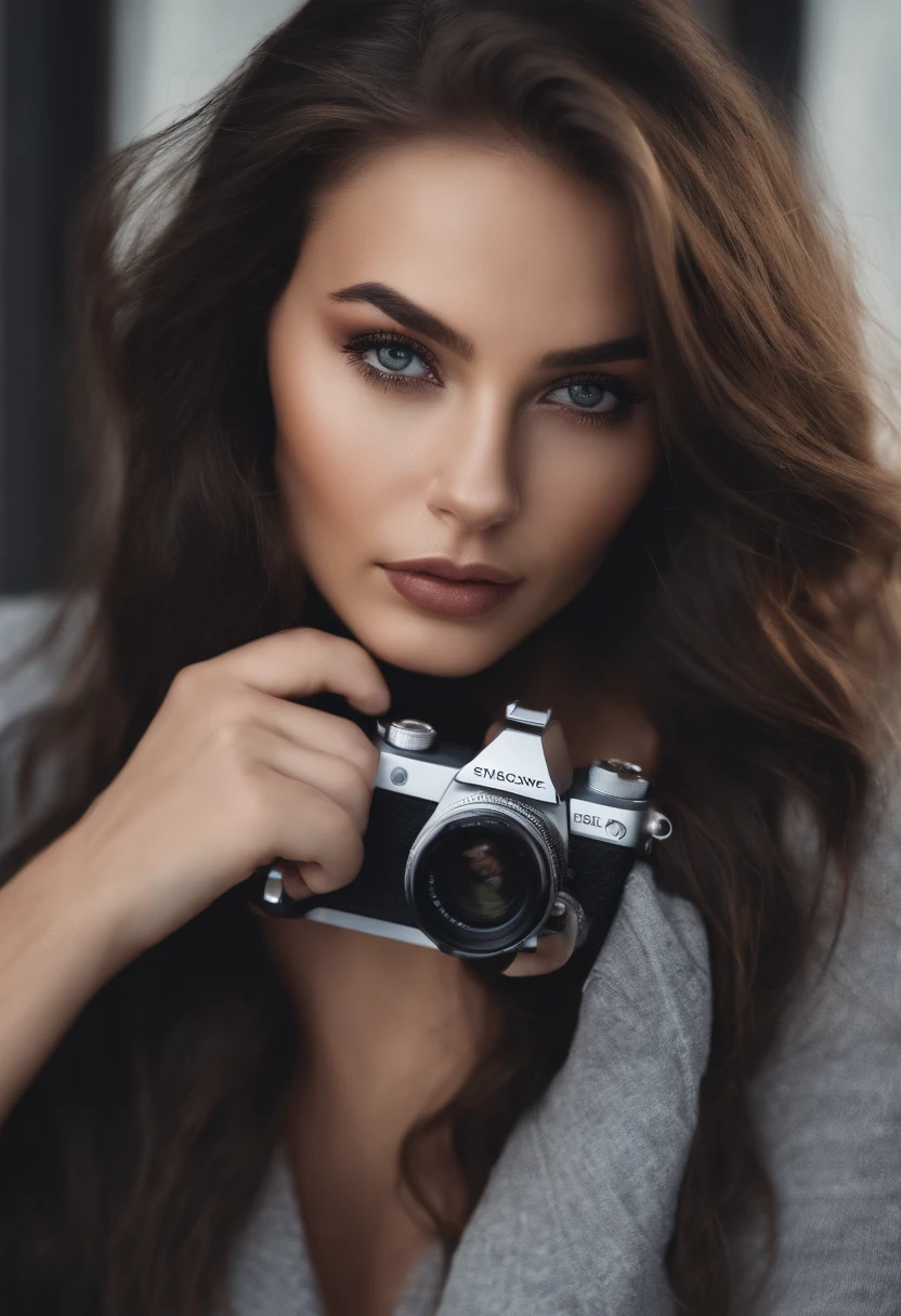 Arafed woman completely , fille sexy aux yeux bruns, ultra realist, Meticulously detailed, Portrait Sophie Mudd, cheveux bruns et grands yeux, selfie of a young woman, Yeux de chambre, Violet Myers, sans maquillage, maquillage naturel, Looking directly at the camera while drinking coffee, Visage avec Artgram, Maquillage subtil, Great photo of the whole body standing on the balcony of a high-rise building, Buste de grande taille