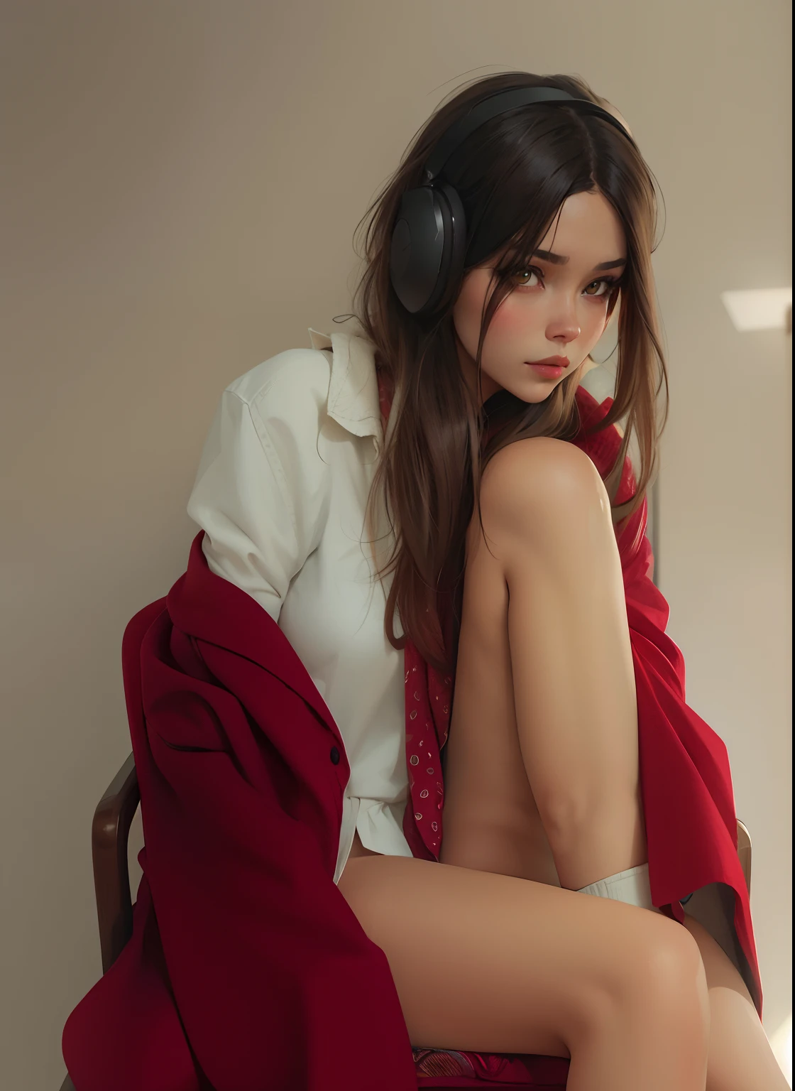 Mujer sentada en una silla con los auriculares puestos, Ilya Kuvshinov. 4 mil, Ropa roja, ulzzang, pose casual, Obras de arte al estilo de Guweiz, Arte digital Ilya Kuvshinov, Ropa roja, con auriculares, Chica joven y linda, linda joven, Artstyle : Ilya Kuvshinov