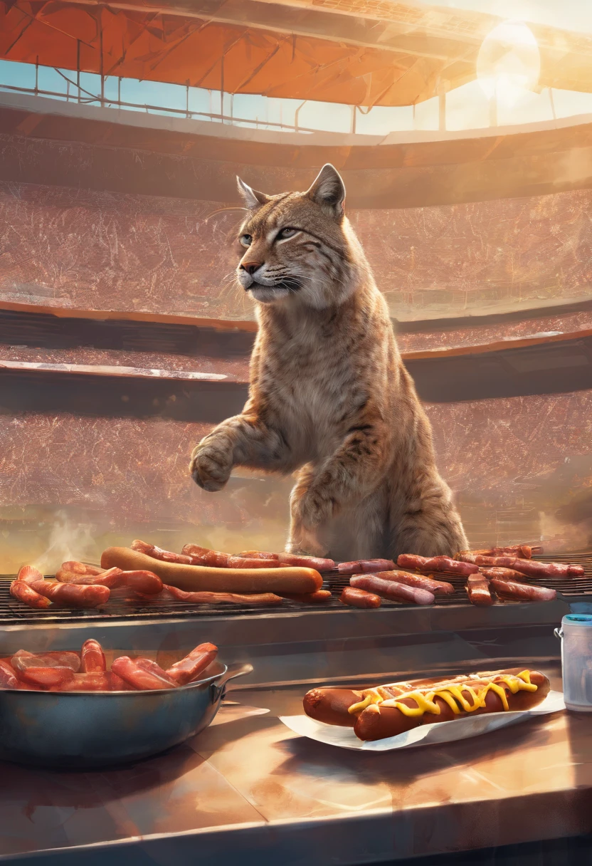 Boko the bobcat grilling hotdogs outside football stadium