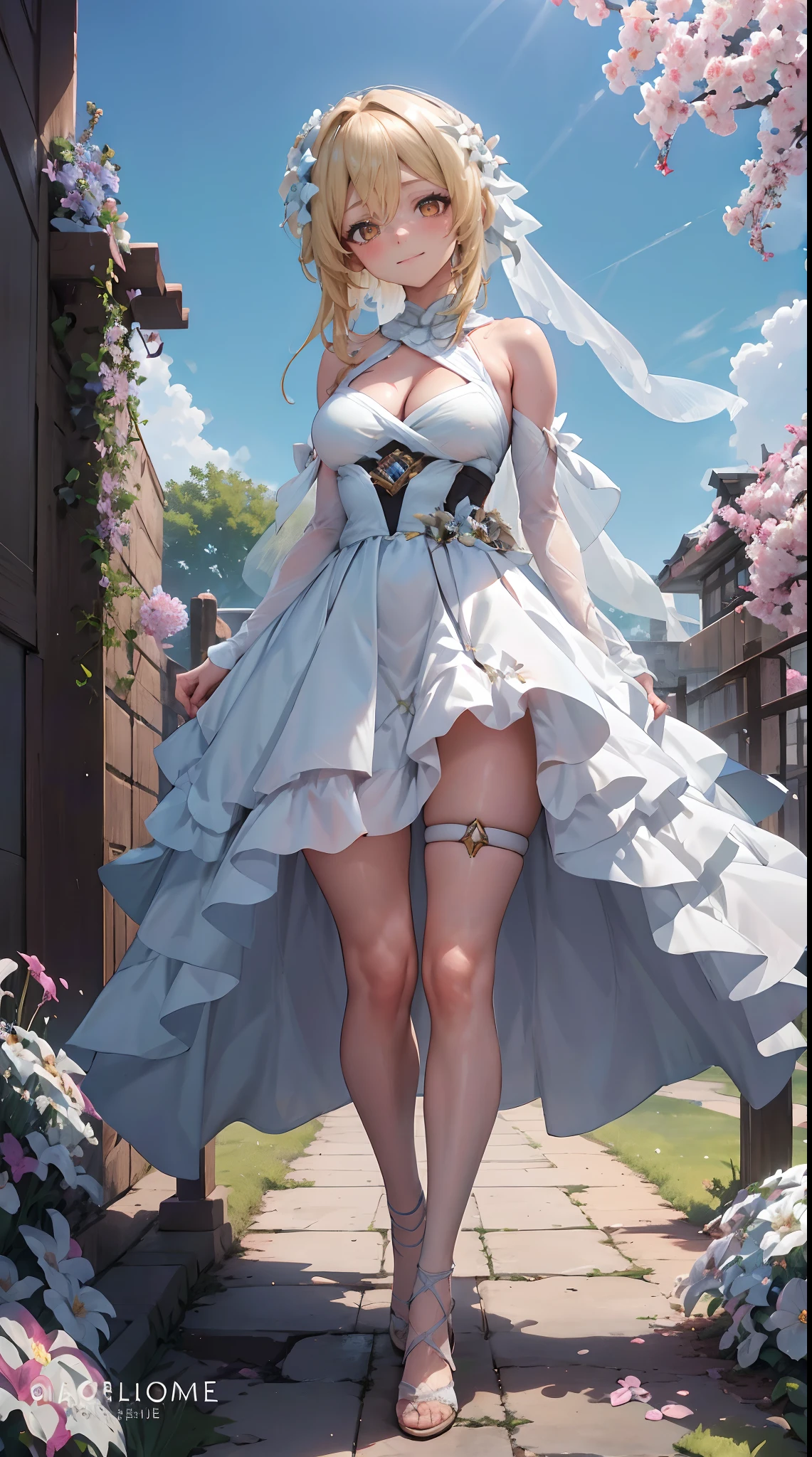 Lumine | genshin impact, master-piece, bestquality, 1girls,25 years old, proportional body, proportional., Wedding Dresses, White Wedding Dress, Long skirt, wedding, mediuml breasts, ,bara, Standing in the middle of a flower garden, outdoor, wedding, The sky is beautiful, Both hands hold a bouquet of flowers......................................, View viewers from the front., Thigh strap, Head tilt, bored, 10, 10, HD, slight smile,