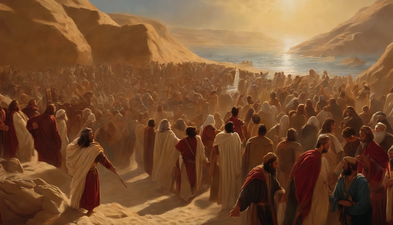 Moses' crossing of the Red Sea, Crossing the sea, With a lot of people, million, desert,Old gowns,,History reference,High-quality artwork and details,Realistic portrait style,Subtle color palette,vibrant background,natural textures,Deep Shadows,Subtle highlights,Historical accuracy,meticulous attention to detail,Emotional depth and intensity,Authentic Representation,Thought-provoking,Spiritual atmosphere,A Sense of Ancient Wisdom,Profound impact