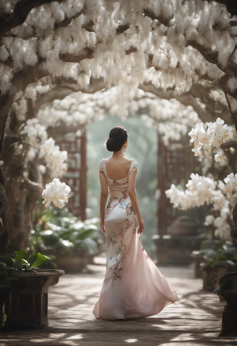 Perfect centering,The upper part of the body,Abstract beauty,A Chinese woman wearing a cold-colored cheongsam walks through the White Orchid Garden, Follow hidden trails. The camera should be located in front of the woman, looking her shoulder. The scene should be suspenseful, The garden is tranquil and zen,Creates a minimalist aesthetic. Dynamic, Highly detailed, smooth, Sharp focus, 8K, high definition resolution, illustration, Art by Carne Griffiths and Wadim Kashin,
