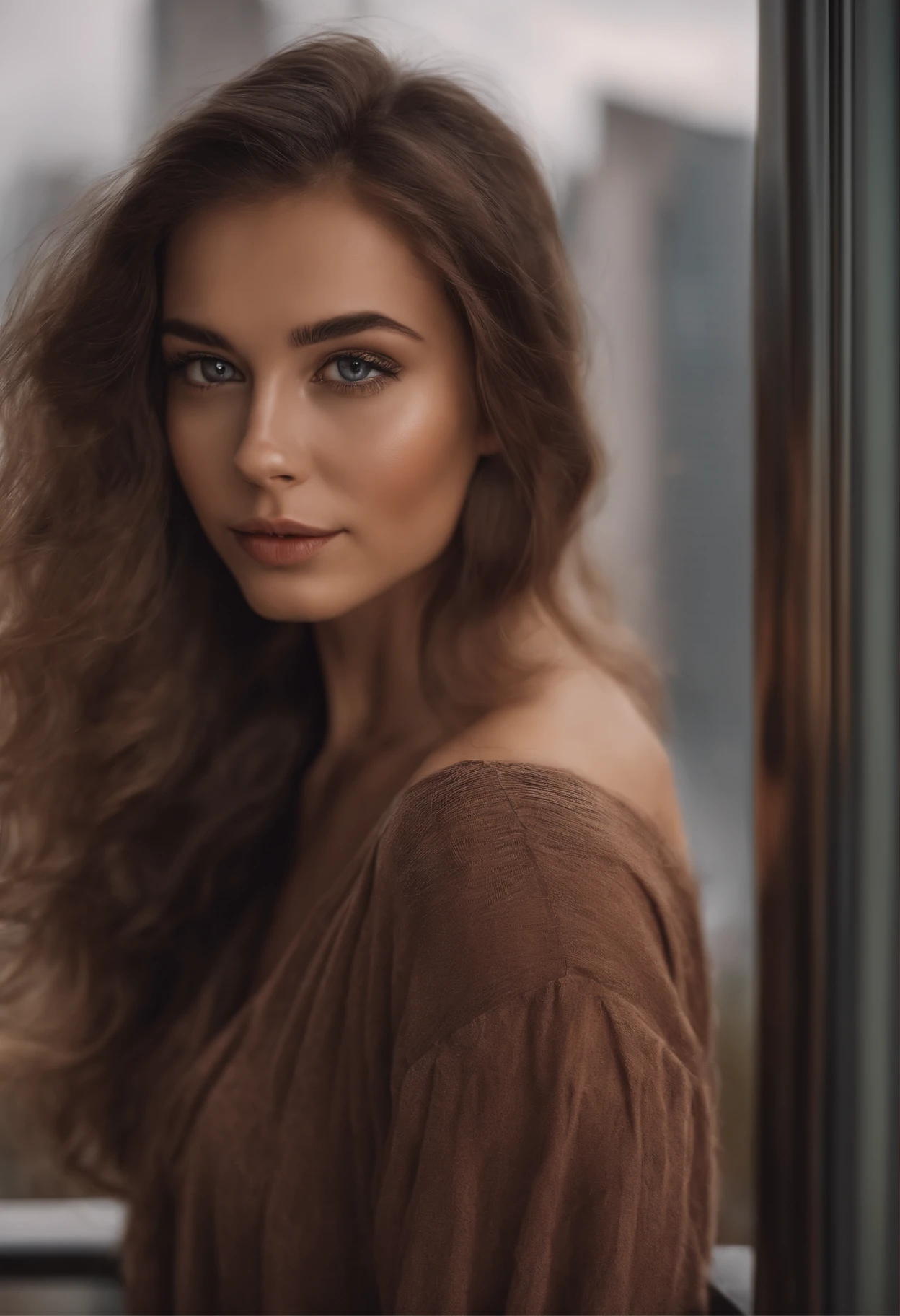 Arafed woman completely , fille sexy aux yeux bruns, ultra realist, Meticulously detailed, Portrait Sophie Mudd, cheveux bruns et grands yeux, selfie of a young woman, Yeux de chambre, Violet Myers, sans maquillage, maquillage naturel, Looking directly at the camera while drinking coffee, Visage avec Artgram, Maquillage subtil, Great photo of the whole body standing on the balcony of a high-rise building, Buste de grande taille