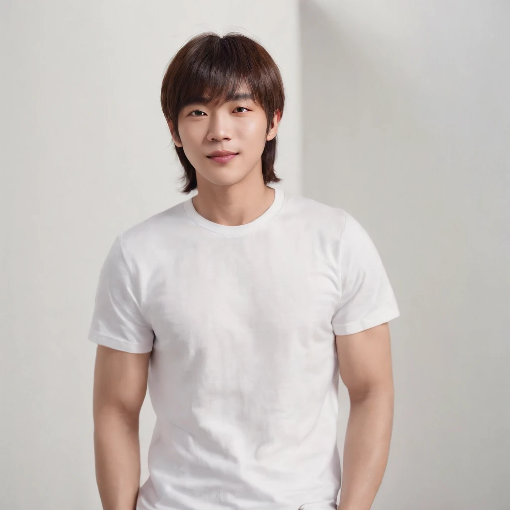 (Photo: 1.3) af (realistic: 1.3), East Asian man, ((Medium long hair with bangs)),soft light, clear face, front, ((white T-shirt)), cheerful, warm light, ((gray-white gradient background)),(background)) ,avatar,(,handsome,young,((avatar))