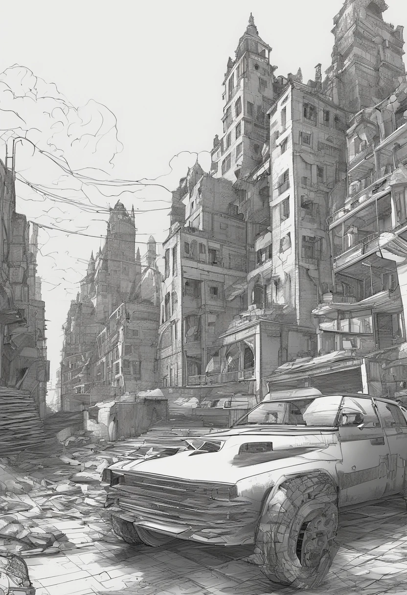 apocalyptic city,ruined buildings,postapocalyptic,Zdzislaw Beksiński,madmax: Fury Road,low key lighting,tmasterpiece,Detailed details,k hd,Tyndall effect