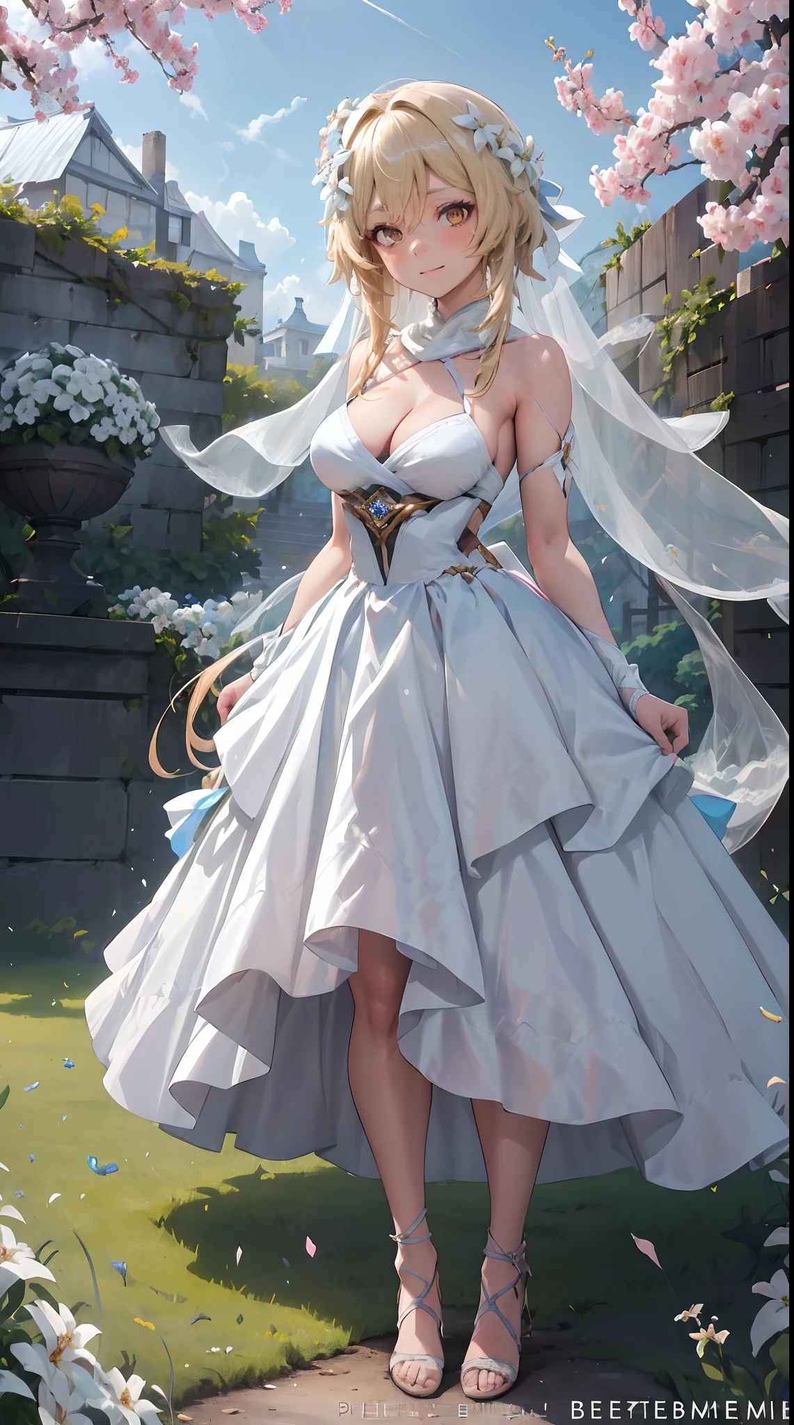 Lumine | genshin impact, master-piece, bestquality, 1girls,25 years old, proportional body, proportional., Wedding Dresses, White Wedding Dress, Long skirt, wedding, mediuml breasts, ,bara, Standing in the middle of a flower garden, outdoor, wedding, The sky is beautiful, Both hands hold a bouquet of flowers......................................, View viewers from the front., Thigh strap, Head tilt, bored, 10, 10, HD, slight smile,