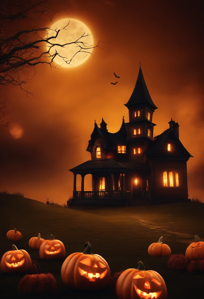 Halloween background with pumpkins and haunted house - 3D render. Halloween background with Evil Pumpkin. Spooky scary dark Night forrest. Holiday event halloween banner background concept