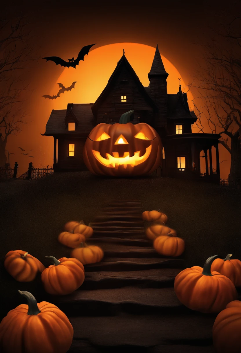 Halloween background with pumpkins and haunted house - 3D render. Halloween background with Evil Pumpkin. Spooky scary dark Night forrest. Holiday event halloween banner background concept
