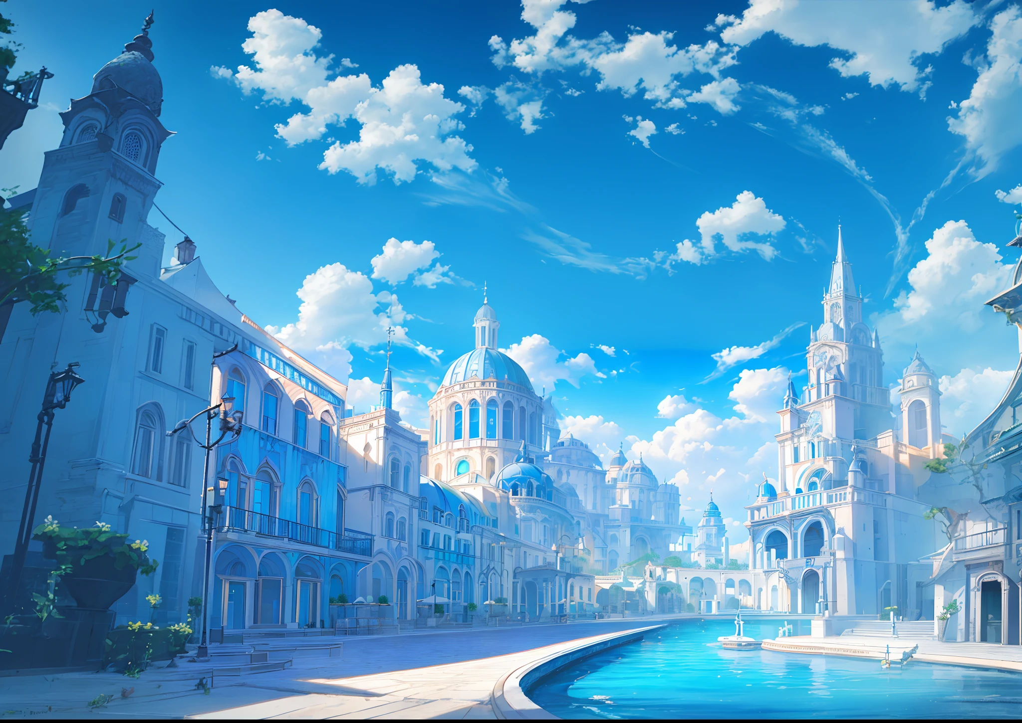 well edited photography,(beautiful image:1.5),a picture of the Plaza at front gate in a beautifully waterfront town it has many Aqueducts and waterways and plants,spring, fountain,((mediterranean style:1.4),(white_building:1.3),(blue_roof:1.3)), Middle Ages, (Fantasy_art:1.3), magnificent view,good lighting,clear_ocean,blue_sky,white_cloud,sun_light,High quality,Best quality,8K wallpaper,high resolution,(Sharp focus:1.3),(Natural lighting:1.5)