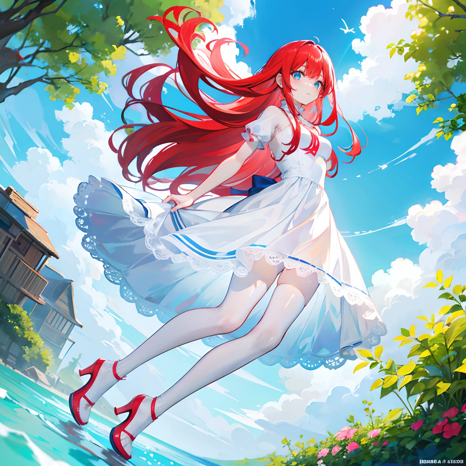 Zong's red hair,long whitr hair,Neat bangs,Qi bangs,Lake blue eyes,adolable,teens girl,White gorgeous beautiful dress,White silk pantyhose,Wearing white high heels on his feet,fully body photo,All body,Fingers and arms are not exposed,Background sandy beach,with blue sky and white clouds,Flowers and bushes,Happy expression