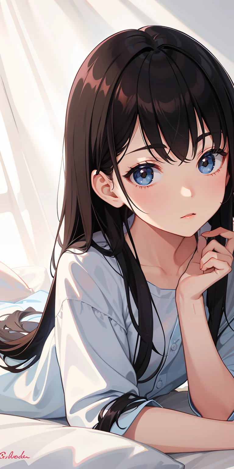 1girll, (pyjamas), with light glowing, side-lighting, Wallpapers,Black hair，The upper part of the body，Lie down in bed，hair splayed out，Hands do not appear in the picture。